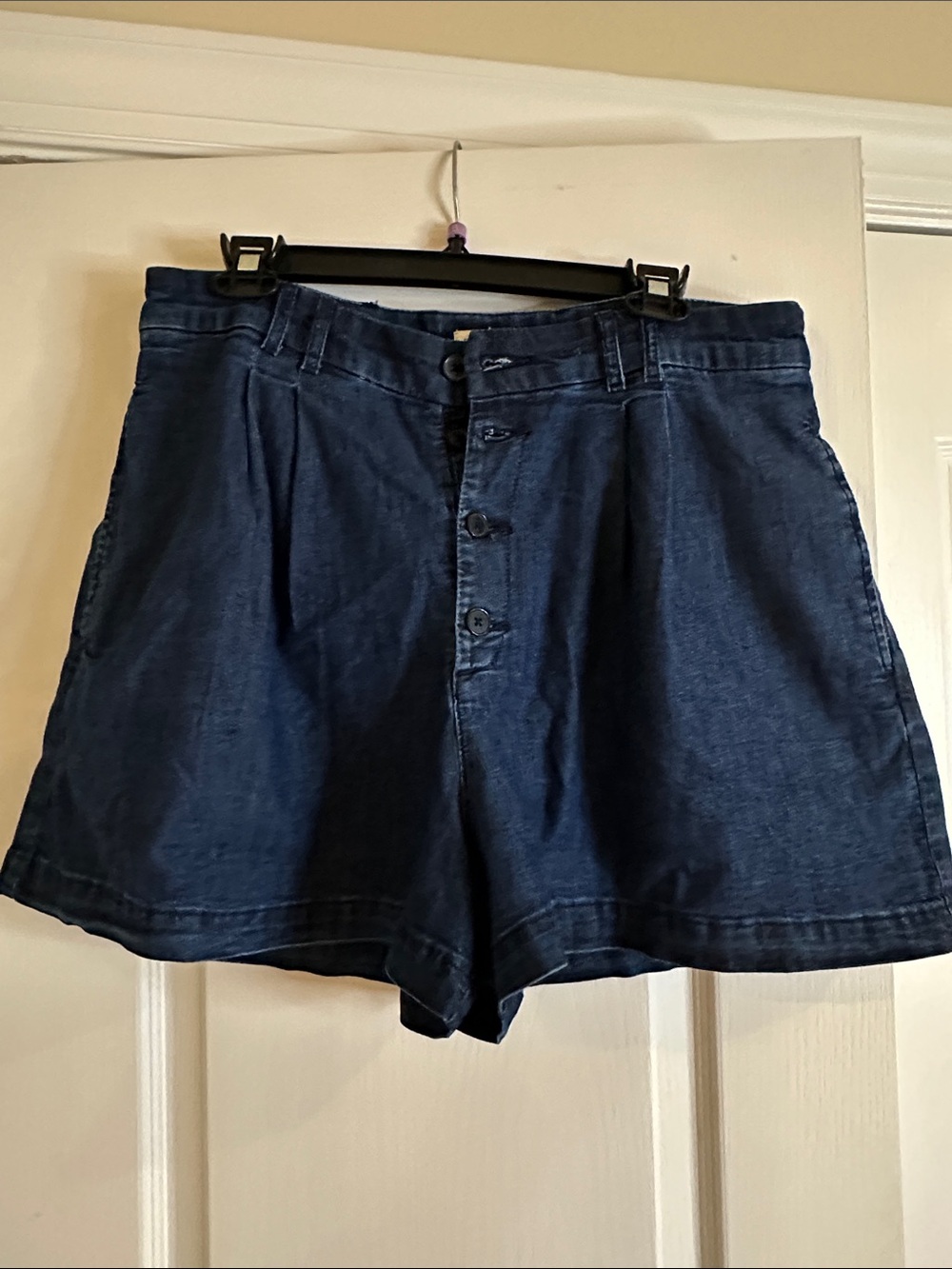 High-Rise Dark Blue Button-Front Denim Shorts for Women